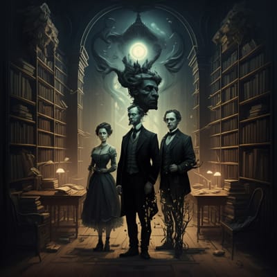 Surreal illustration depicting Victorian intellectuals and hidden secrets.