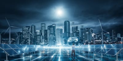 Futuristic smart city powered by a sustainable energy grid