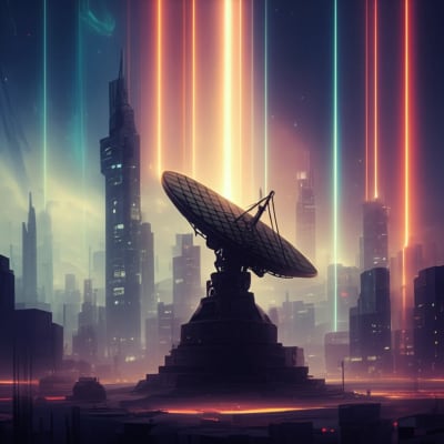 Futuristic cityscape powered by reconfigurable reflectarray antenna.