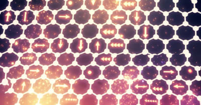 Graphene sheet with glowing electron spins for quantum computing illustration.