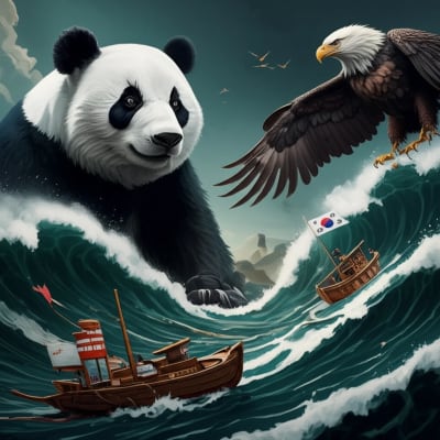 Two small boats navigate a stormy sea with a panda and eagle in the distance.