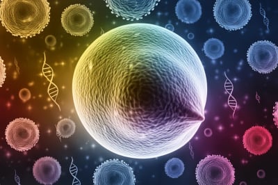 Surreal illustration of breast cancer cells and immune system interaction.