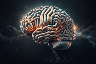 A brain made of books and neural pathways, symbolizing neuroscience and reading.