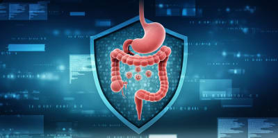 Protective shield around colon representing colon cancer treatment.