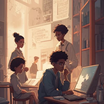 Diverse students collaborating on a futuristic project in a vibrant classroom.