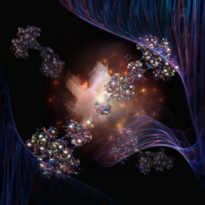Surreal illustration of platinum complexes with glowing energy waves.