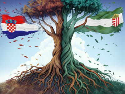Intertwined trees symbolizing the relationship between Croatia and Hungary.