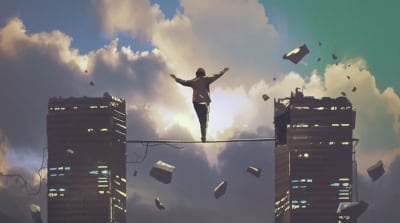 A person walking on a tightrope, balancing realism and optimism.