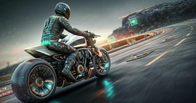 Futuristic motorcycle navigating a winding road with enhanced safety technology.