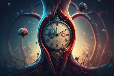 Clock merging into blood vessel