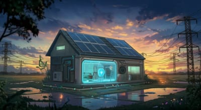 Futuristic home with integrated solar panels and energy storage, connected to a power grid, symbolizing bidirectional energy flow.