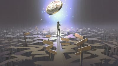 Overwhelmed person at a crossroads with a coin in the air.