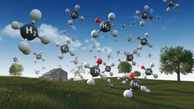 Surreal illustration of ammonia emissions transforming into clean air.