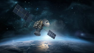 Satellite orbiting Earth with multiple imaging beams