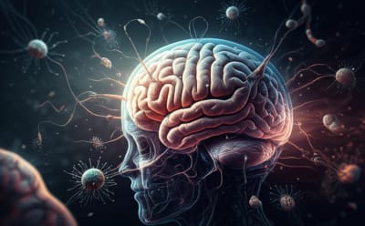 A surreal illustration symbolizing the battle between Acanthamoeba and the brain's immune response.