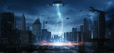 Futuristic cityscape with graphene antenna emitting terahertz waves.