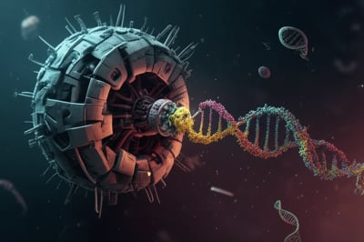 Illustration of a ribosome interacting with viral RNA.