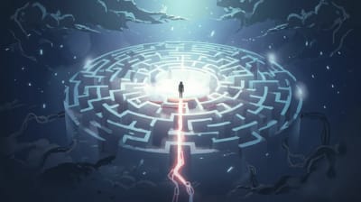 Surreal illustration of a labyrinthine brain representing the unconscious mind.