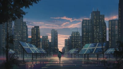 Futuristic cityscape powered by shimmering solar panels, symbolizing sustainable energy.