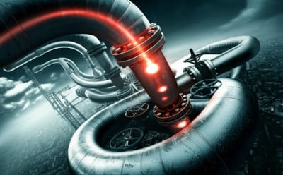 Surreal digital illustration of a pipeline with glowing stress points