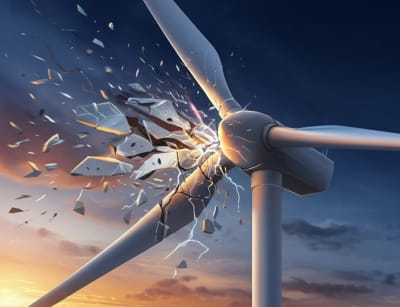 Wind turbine blade shattering impact.