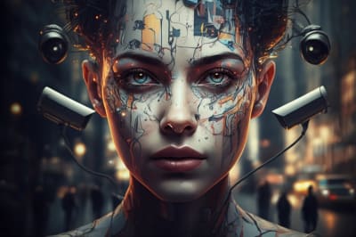 Intricate digital face representing facial recognition technology.