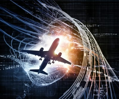 Aircraft in controlled spin, surrounded by swirling wind patterns and data visualizations.