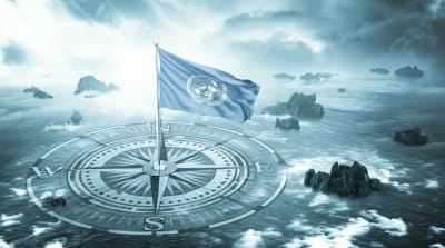 A compass pointing towards contested islands in a stormy sea, symbolizing the need for direction and resolution.