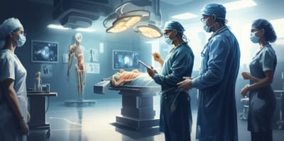 Surgical trainee teaching anatomy to medical students.