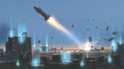 A surreal depiction of an airstrike algorithm balancing military precision with civilian safety.