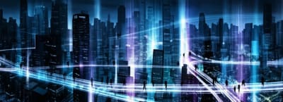 Futuristic cityscape with glowing predicted paths.