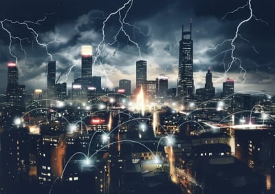 Resilient cityscape emerging from chaos, symbolizing Poland's disaster management strength.
