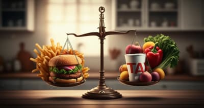Scales balancing junk food and healthy food, symbolizing the sugar tax debate.