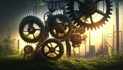 Interconnected gears and foliage symbolizing the complex relationship between economic growth and sustainability.