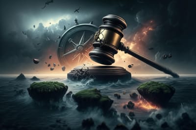 Illustration of a stormy South China Sea with fragmented islands and a cracked gavel representing the need for UNCLOS revision.