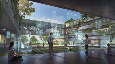 Futuristic university campus blending nature and technology