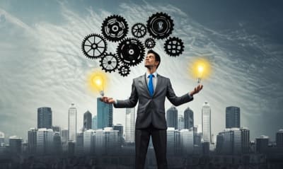 A person skillfully juggling gears and lightbulbs, symbolizing the balance of exploitation and exploration in a dynamic career landscape.