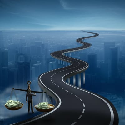 A complex healthcare system depicted as a road with balance scales between money and medicine.