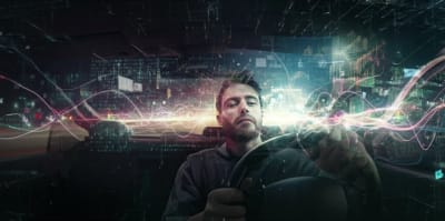 Digital illustration of a drowsy driver transitioning into a highway scene, with data streams representing technology monitoring and accident prevention.