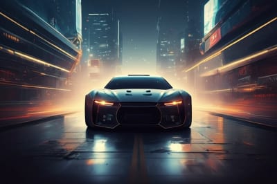 Futuristic car navigating complex road with AI data visualization
