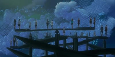 Balanced scale with diverse people and Heaviside functions in the background, symbolizing fairness in algorithms.