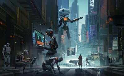 Futuristic cityscape showing the economic divide created by AI.