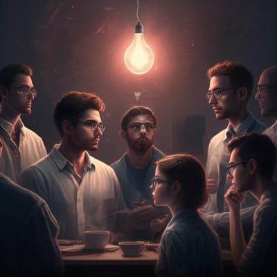 A diverse group of people collaboratively brainstorming with a glowing lightbulb.