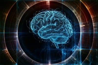 A human brain intertwined with algorithmic code, symbolizing human-AI collaboration.