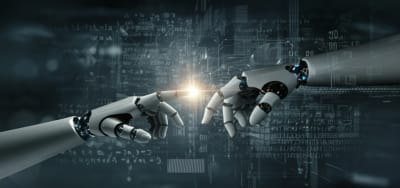 Human hand guiding robot arm, representing AI collaboration.