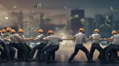 Workers tugging a rope, representing the economic impact of immigration.