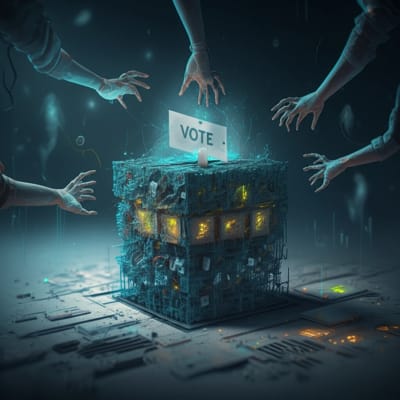 Digital illustration of a blockchain-based voting box under attack.