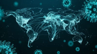 World map showing interconnected trade routes with a virus overlay, symbolizing the relationship between global trade and pandemic spread.