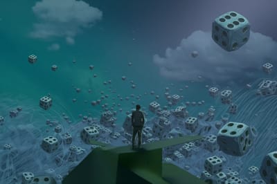Surreal illustration of a crossroads symbolizing investment decisions and risk.