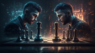 Chess players in blue and orange light facing a vortex chessboard, symbolizing competition and cooperation in strategic learning.